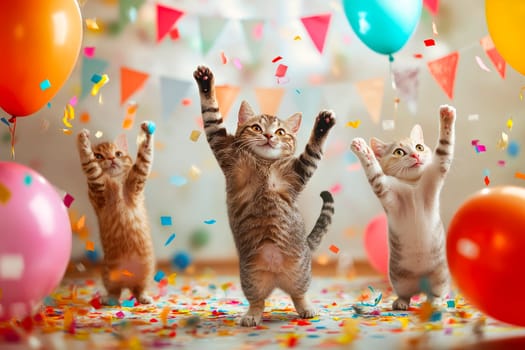 Happy cats on a festive background with balloons and confetti. Festive background with a dancing cats for birthday or new year. AI generated
