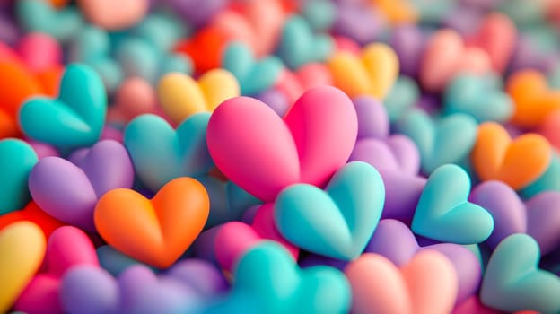 Pile of many colorful hearts, close-up view. AI generated