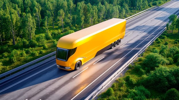 Aerial view of an yellow futuristic semi-truck driving on the road in the green forest. AI generated