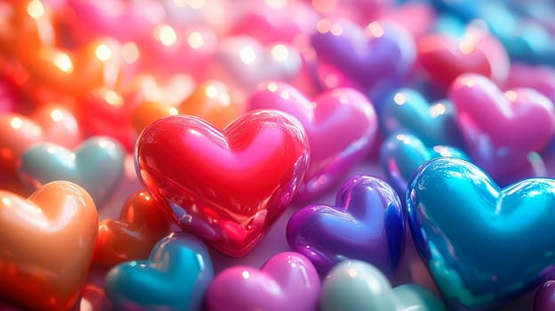 Pile of colorful hearts, close-up view. AI generated