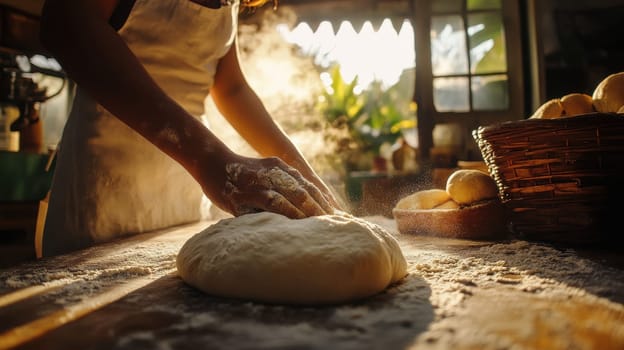 Woman kneading dough in a sunny kitchen. Concept of homemade baking and cooking with love.