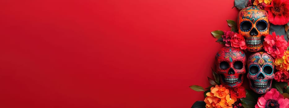 Day of the Dead, Dia de los Muertos background. Sugar skulls with flowers on red background. Copy space.