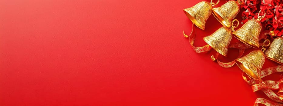 Christmas background with golden bells and red ribbon on red background with copy space.