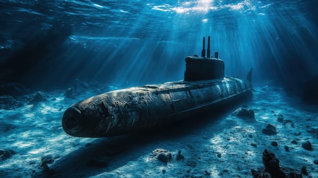 Underwater view of a mysterious sunken submarine on the ocean floor, illuminated by rays of sunlight.