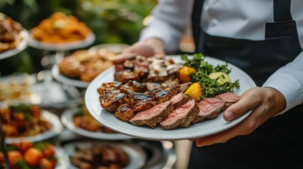 Waiter holding a plate of grilled meat at a buffet. Concept of catering, fine dining, celebration, and event.