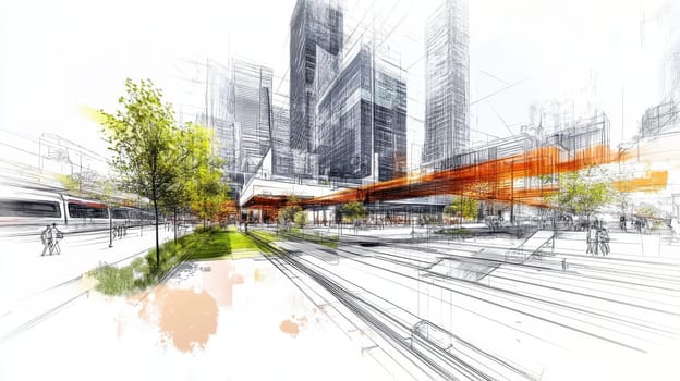 Futuristic cityscape with modern skyscrapers and transportation concept