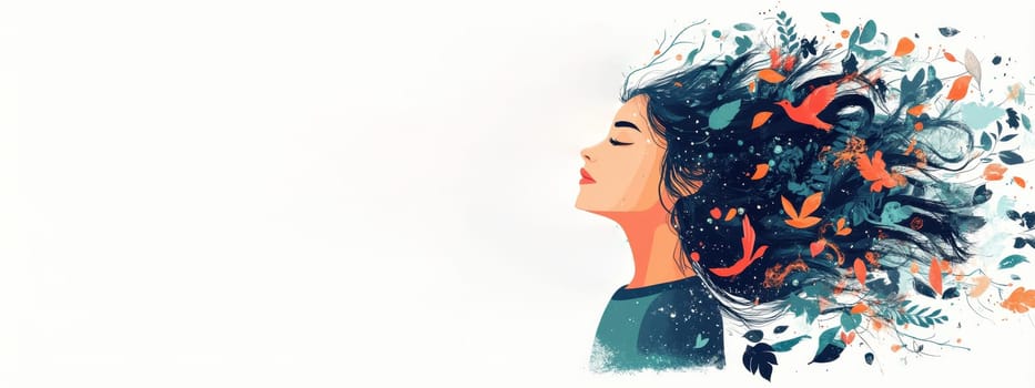 Woman with flowers and leaves in her hair. Concept of freedom, imagination and nature.