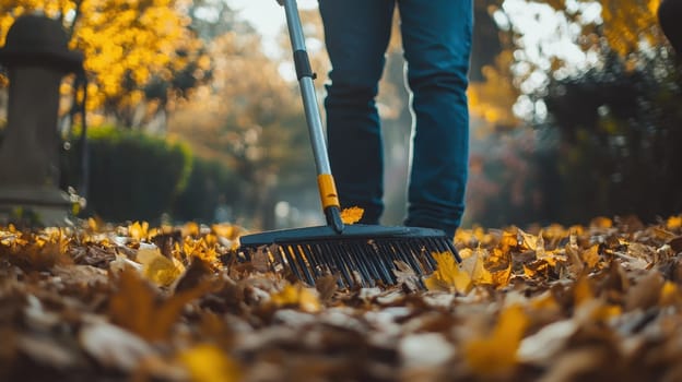 Man raking autumn leaves in park. Cleaning, maintenance and seasonal work concept.