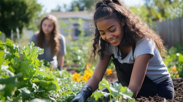 Teenage girls volunteering in community garden