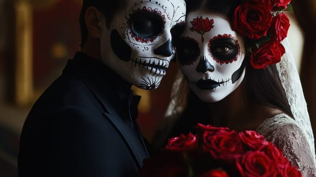 Calavera Catrina couple with sugar skull makeup. Dia de los Muertos, Halloween or Day of the Dead concept.