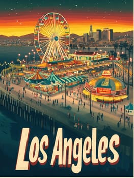 Delight in the enchanting atmosphere of Los Angeles as the sun sets, casting a warm glow over the bustling pier, lively carnival rides, and iconic skyline that invite visitors to explore.