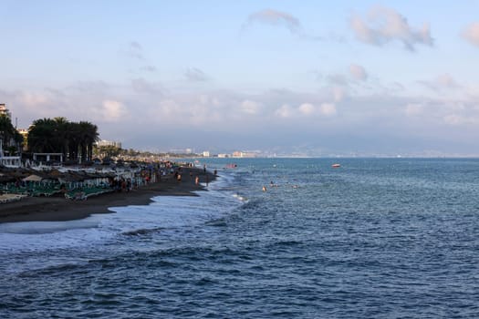 Torremolinos, Spain - September 9, 2023: Beach at the LGBT friendly Eden Beach Club, part of Bajondillo beach in Torremolinos, Malaga, Costa del Sol, Spain