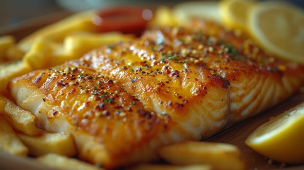 Close up view of delicious fish and chips. Fast food concept.