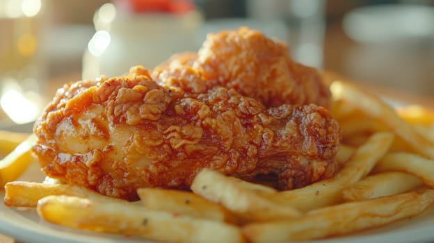 Close up view of delicious crispy fried chickens with chips. Fast food concept.