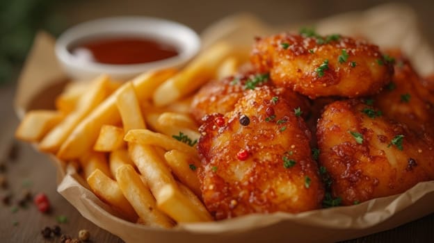 Close up view of delicious crispy fried chickens with chips. Fast food concept.