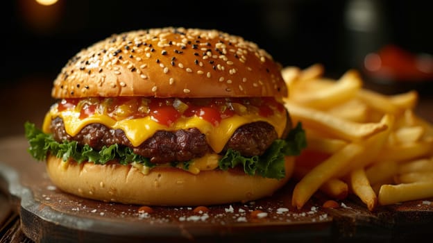 Close up view of delicious hamburger with chips. Fast food concept.