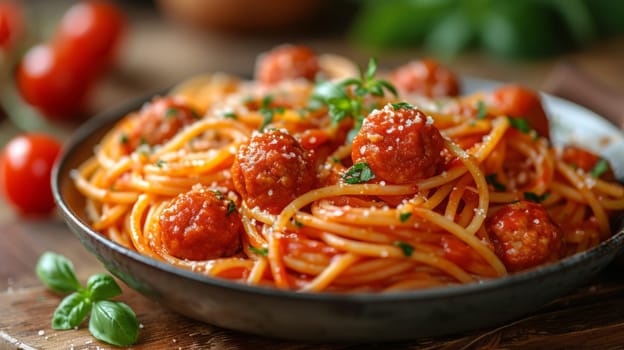 Close up view of delicious spaghetti with meat balls. Western food concept.