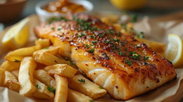 Close up view of delicious fish and chips. Fast food concept.