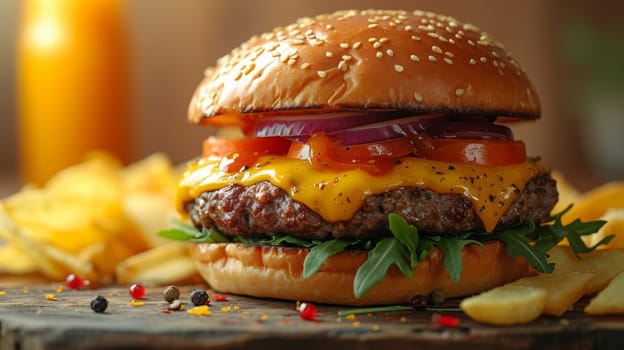Close up view of delicious hamburger with chips. Fast food concept.
