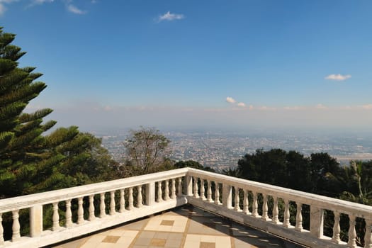 Viewpoint, viewing, observation platform, deck at the Wat Phra That Doi Suthep Temple, offering a spectacular view over the city of Chiang Mai, Thailand 2023
