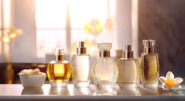 Collection of different perfume bottles with scents in the bathroom.