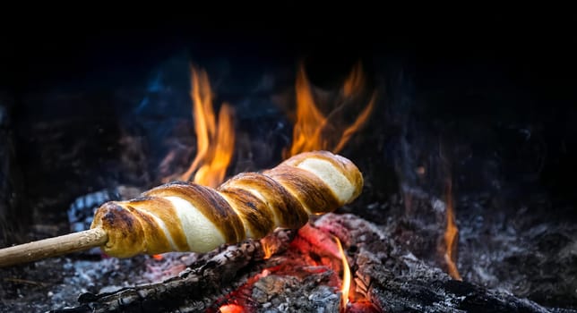 Bread dough wrapped around a stick is cooked over the embers.