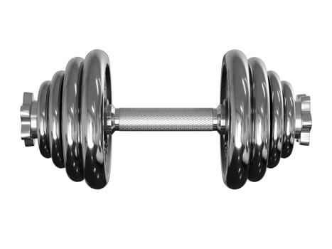 Black adjustable dumbbell, weightlifting gym equipment, side view, isolated on white background. 3D illustration