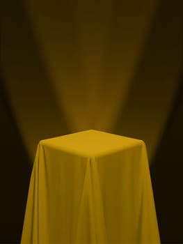 Yellow fabric covering a cube or a table, with red background and stage spotlights. Can be used as a stand for product display, draped table. Vector illustration