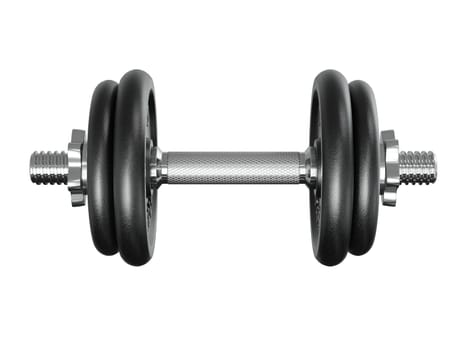 Black adjustable dumbbell, weightlifting gym equipment, side view, isolated on white background. 3D illustration