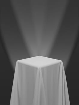 White fabric covering a cube or a table, with white background and stage spotlights. Can be used as a stand for product display, draped table. Vector illustration