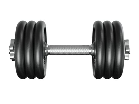 Black adjustable dumbbell, weightlifting gym equipment, side view, isolated on white background. 3D illustration