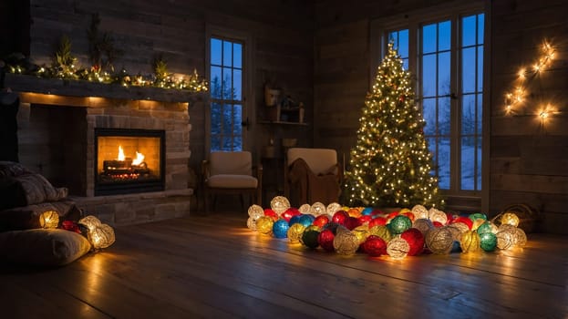 This image captures the interior of a wooden cabin decorated for Christmas, featuring a lit tree, a glowing fireplace, and colorful decorative lights on the floor, creating a warm and festive atmosphere. AI generated image