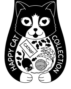 Doodle cat with toys and treats. Hand drawn poster of a Happy Cat Collection. Feline health products. Graphic design element for t shirt print, animal shop advertisement flyer, cat food identity label, scrapbook. Vector illustration