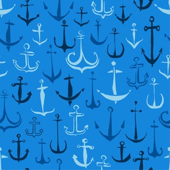Anchors nautical seamless pattern hand painted with ink brush, isolated on white background. Vector illustration