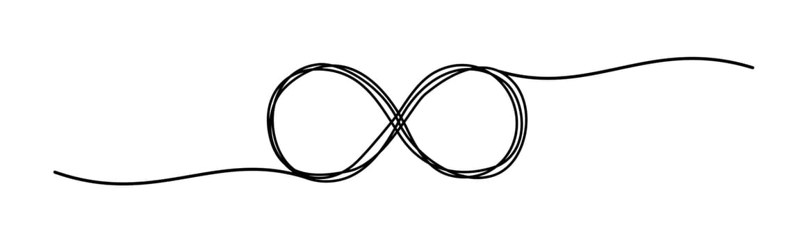 Tangled grungy sketchy infinity symbol banner, hand drawn with thin line, in the shape of a divider. Vector illustration