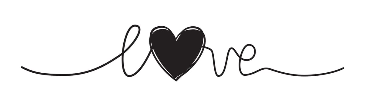 Doodle heart and word LOVE hand written with thin line, divider shape scribble style. Isolated on white background. Vector illustration