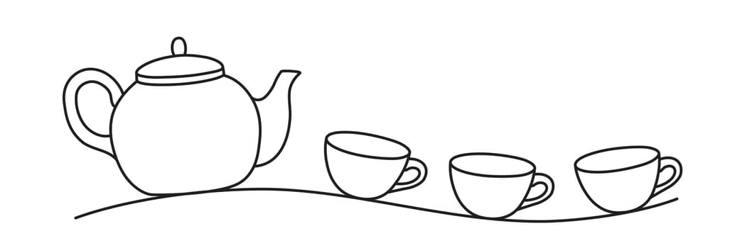 Teapot and three tea cups banner hand drawn with thin line. Vector illustration isolated on white background