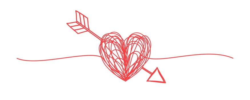 Banners with tangled grungy heart and arrow scribbles hand drawn with thin line, divider shape. Isolated on white background. Vector illustration