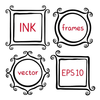 Cute hand made frames set painted with ink brush. Frames with whimsical swashes. Hand drawn doodle picture frames. Elements for baby shower, wedding invitations, scrapbook. Doodle vector illustration