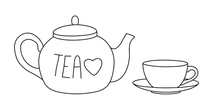 Teapot and tea cup hand drawn with thin line. Vector illustration isolated on white background