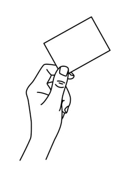 Hand holding a business card, hand drawn with thin line. Presenting document, showing memo, template for image. Vector illustration isolated on white background