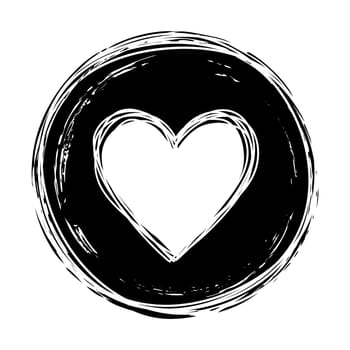 Heart tangled grungy scribble in an ink circle hand drawn with brush. Isolated on white background. Vector illustration