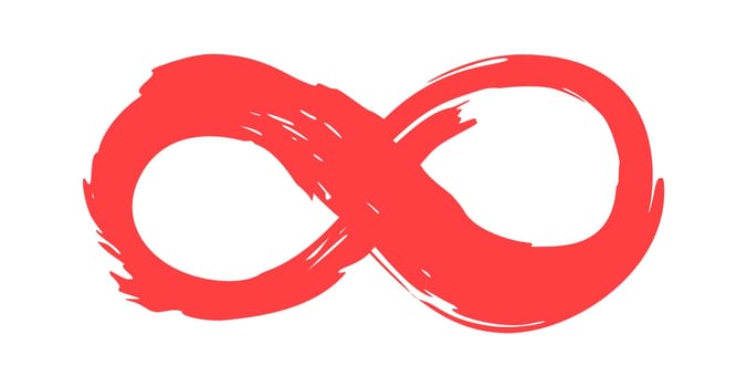 Red infinity symbol, hand painted with calligraphic ink brush, isolated on white background. vector illustration