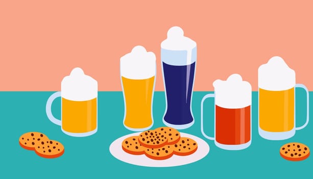A table with a plate of cookies and glasses of beer