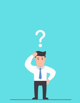A sad Caucasian businessman with question mark over his head showing that he is in a big tro