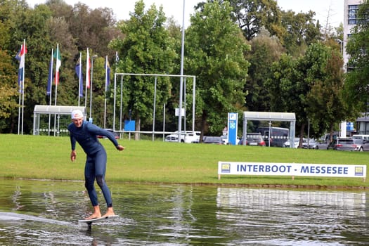 Kitsurfer Ben Beholz gives taster courses on the Messesee and does show acts  The 63rd Interboot 2024 trade fair in Friedrichshafen has opened