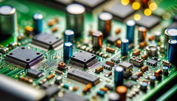 Detailed close-up of a computer motherboard with various electronic components like microchips, capacitors, and circuit traces, highlighting modern technological complexity.