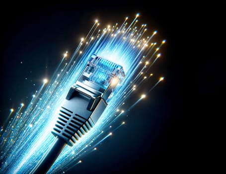 Close-up of a high-speed ethernet cable with glowing fiber optic strands representing digital connectivity and fast internet. The image illustrates modern technology and data transmission.