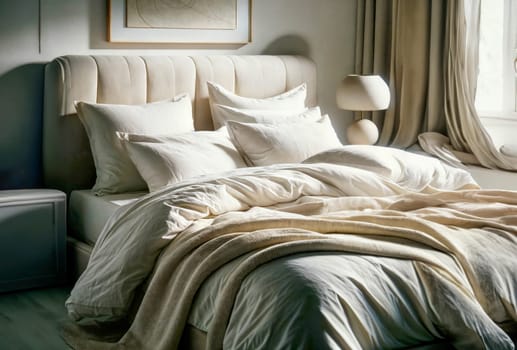Serene bedroom interior with plush bedding, soft neutral tones, and natural light creating a cozy, inviting atmosphere perfect for relaxation.
