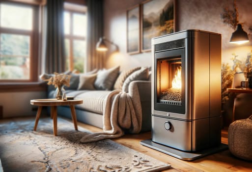 A beautifully decorated living room with a modern pellet stove, creating a warm and inviting ambiance. Soft lighting, comfortable seating, cozy atmosphere, perfect for winter.